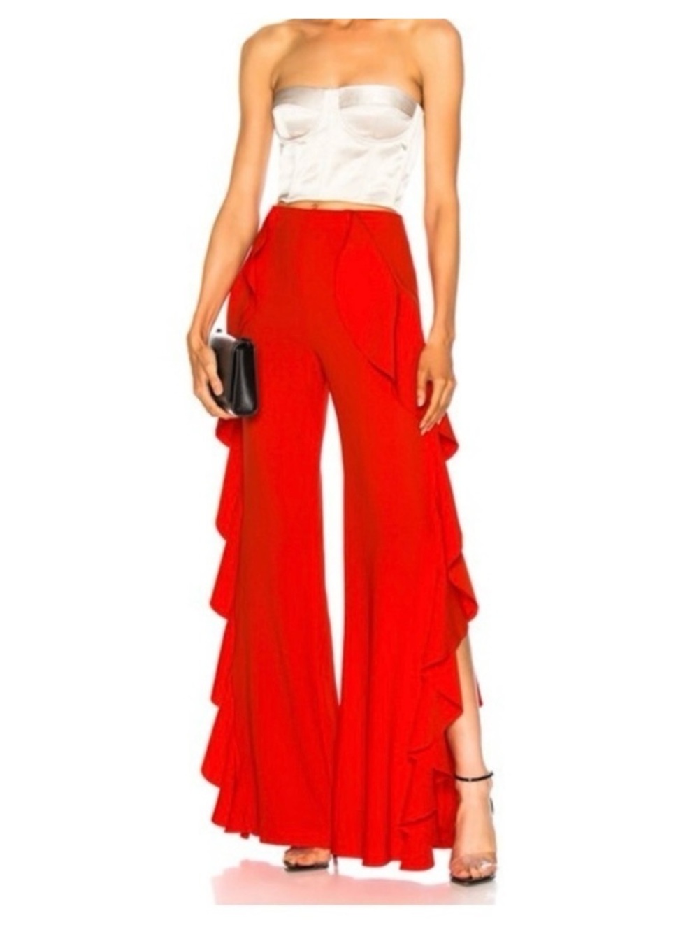 Cinq a Sept High-Waist Red Wide-Leg Ruffle Saphir Pant